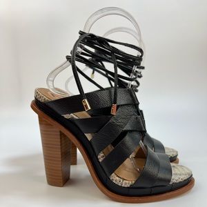Calvin Klein Penelope Black Leather Strappy Lace-Up Block Heel Sandals 7
